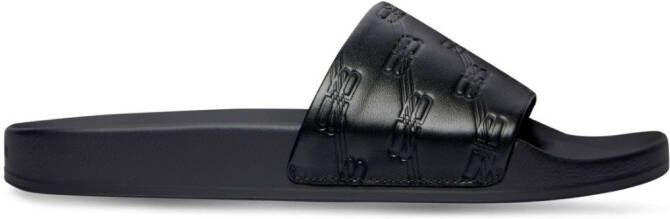 Balenciaga BB-monogram leather pool slides Black