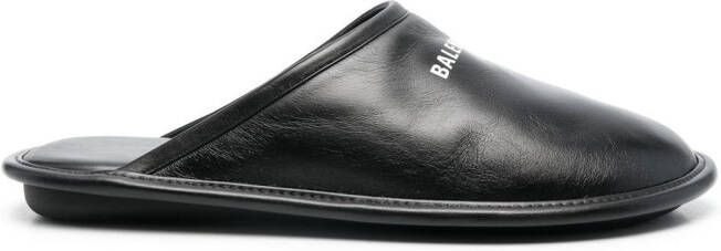 Balenciaga logo-print leather slippers Black