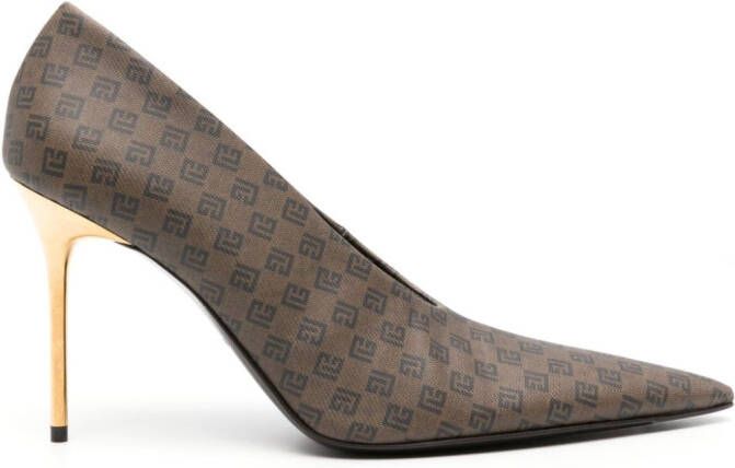 Balmain 100mm mini monogram-print pumps Brown