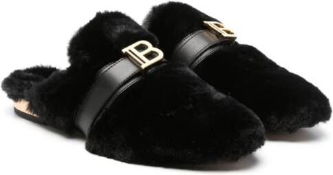 Balmain Kids logo-plaque slippers Black