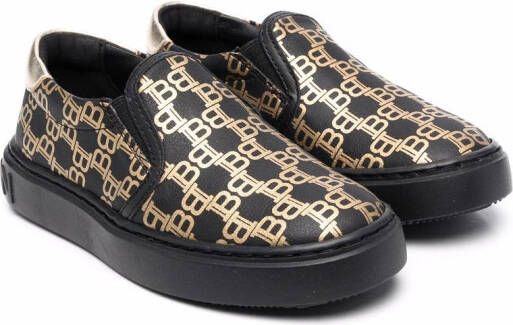 Balmain Kids monogram-print slip-on sneakers Black