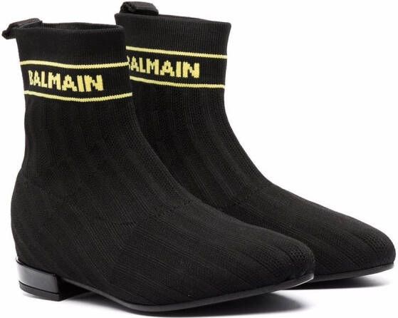 Balmain Kids TEEN logo-knit almond-toe ankle boots Black