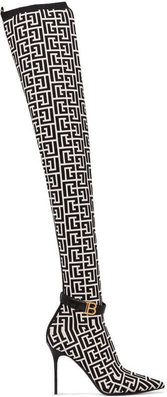 Balmain Raven monogram thigh-high boots Neutrals