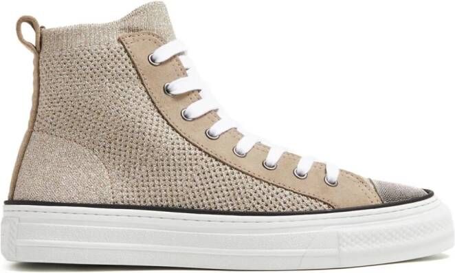 Brunello Cucinelli Monili-embellished metallic-knit sneakers Neutrals