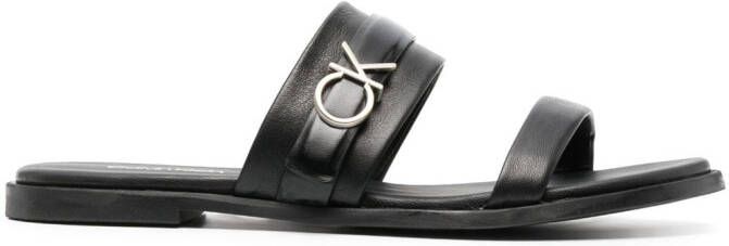 Calvin Klein logo-lettering flat leather sandals Black