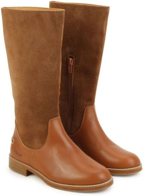 Chloé Kids logo-engraved suede knee-length boots Brown