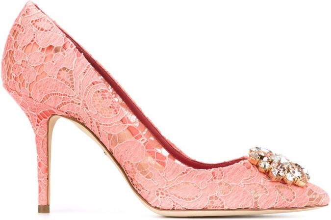 Dolce & Gabbana 90mm Lace Rainbow brooch-detail pumps Pink