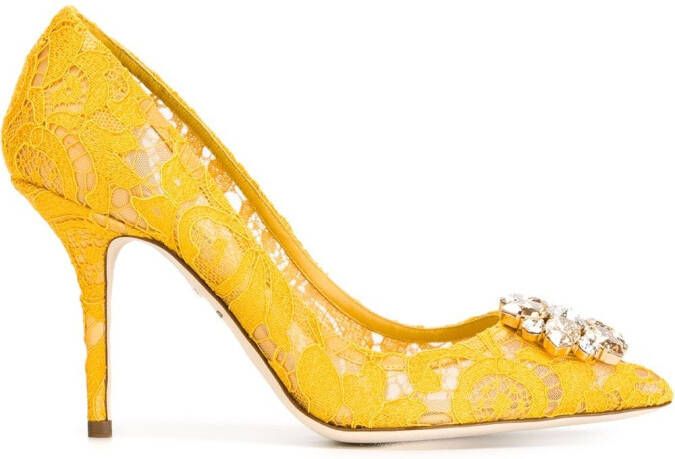 Dolce & Gabbana 90mm Rainbow Lace brooch-detail pumps Yellow