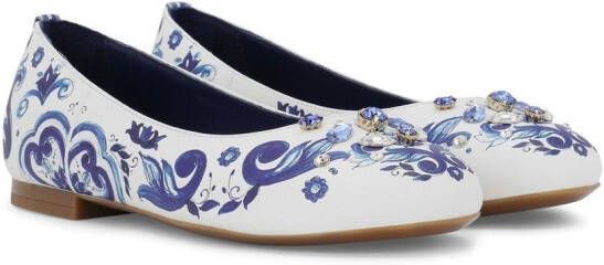 Dolce & Gabbana Kids Majolica-print leather ballerina shoes White