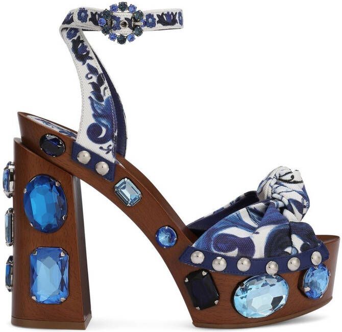 Dolce & Gabbana Majolica-print 90mm embellished wedge sandals Blue