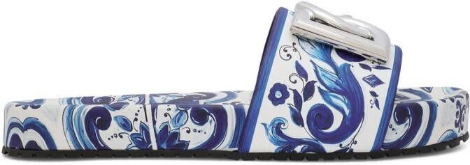 Dolce & Gabbana Majolica-print leather slides Blue