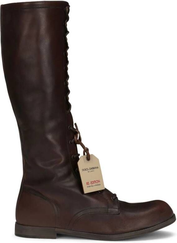 Dolce & Gabbana logo-tag lace-up leather boots Brown