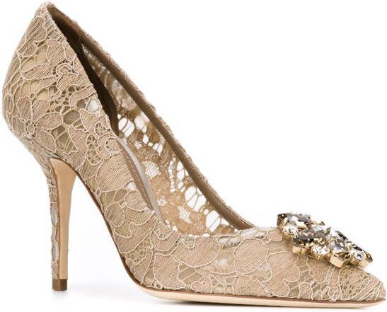 Dolce & Gabbana Rainbow Lace 90mm brooch-detail pumps Brown - Picture 1