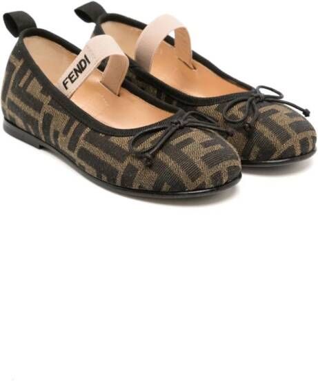 Fendi Kids FF-pattern logo-tape ballerina shoes Brown