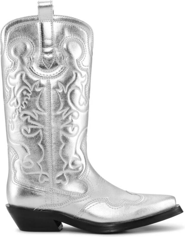 GANNI 40mm metallic leather Western boots Silver