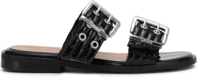 GANNI Buckle flat leather sandals Black