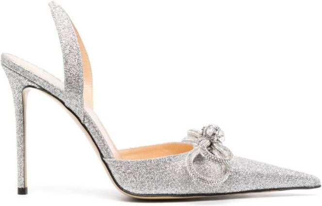 MACH & MACH 95mm Double Bow glitter pumps Silver