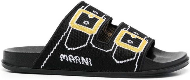 Marni buckle double-strap-print slides Black - Picture 2