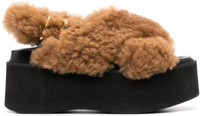 Marni slingback platform shearling sandals Brown - Picture 2
