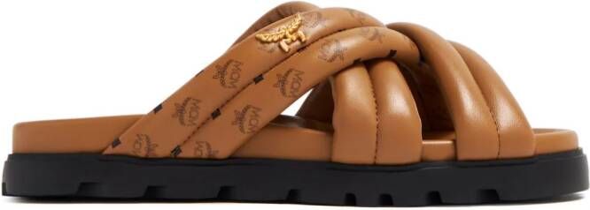 MCM Visetos-print crossover leather slides Brown