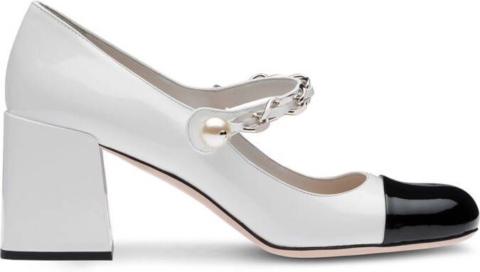 Miu chain pearl strap pumps White