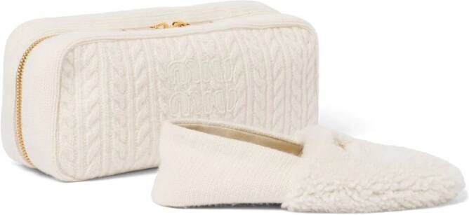 Miu logo-lettering shearling slippers and case set White