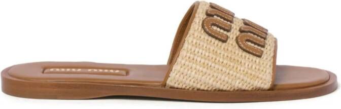 Miu logo-patch raffia slides Neutrals