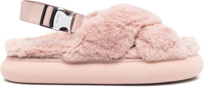 Moncler shearling cross-strap slippers Pink