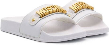 Moschino Kids logo detailed flat slides White