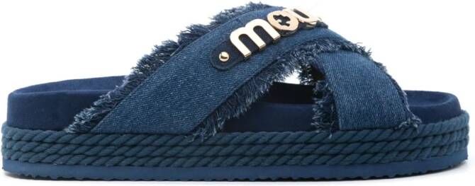 Mou logo-lettering denim slides Blue
