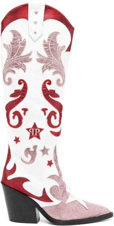 Philipp Plein Cowboy 100mm rhinestone-mebellihsed boots White