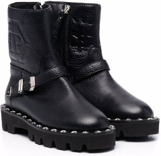 Philipp Plein Junior monogram-debossed biker boots Black