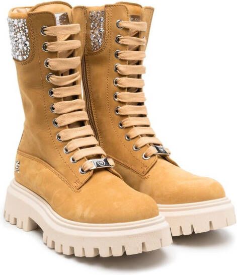 Philipp Plein Junior Nabuk rhinestone lace-up boots Brown
