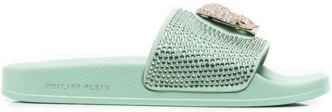 Philipp Plein Skull strass pool slides Green