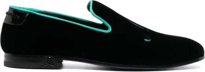 Philipp Plein slogan-embroidered velvet loafers Black