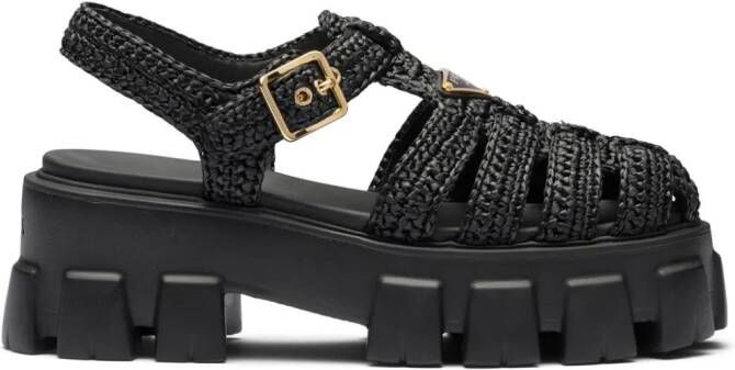 Prada caged flatform raffia sandals Black
