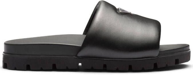 Prada logo plaque brushed leather slides Black