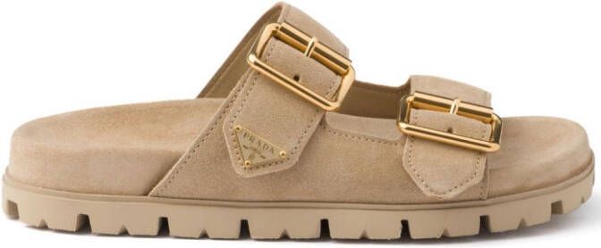 Prada triangle-logo suede slides Neutrals