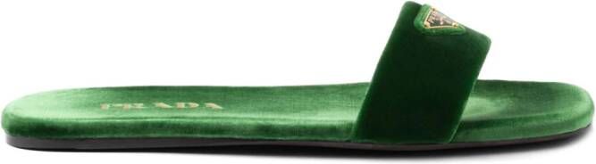 Prada triangle-logo velvet slides Green