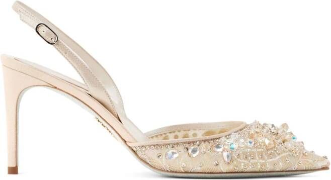 René Caovilla 80mm crystal-embellished lace pumps Neutrals