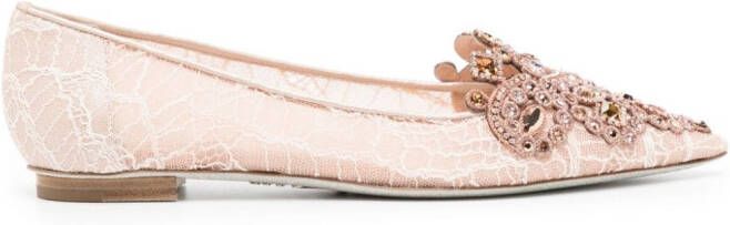 René Caovilla crystal-embellished lace ballerina shoes Neutrals