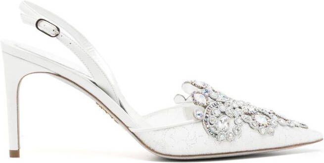 René Caovilla lace embellished crystal sling back pumps White