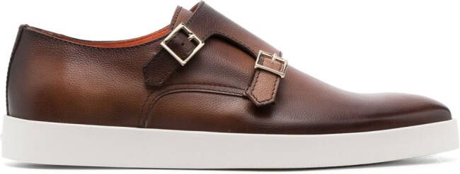 Santoni double-buckle leather monk shoes Brown