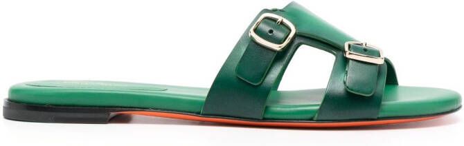 Santoni double-buckle leather slides Green