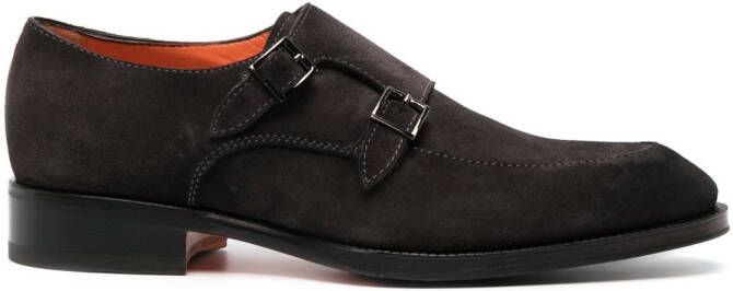 Santoni double-buckle suede monk shoes Brown