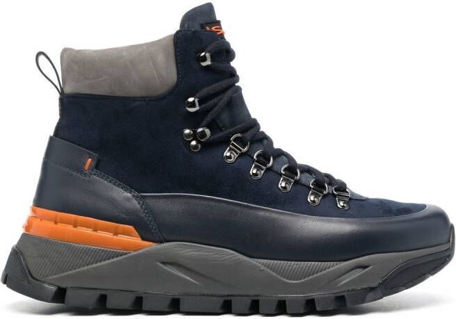 Santoni Lace-up panelled hiking boots Blue