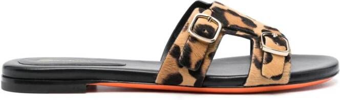 Santoni leopard-print double-buckle slides Black