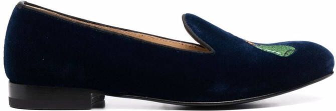 Scarosso Daisy embroidered velvet slippers Blue