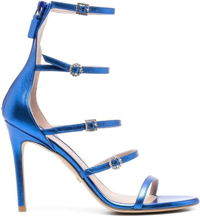 Stuart Weitzman 100mm crystal-buckle metallic sandals Blue