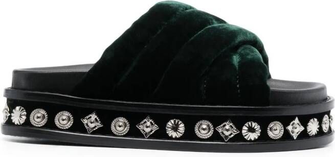 Toga Pulla studded 50mm velvet slides Green